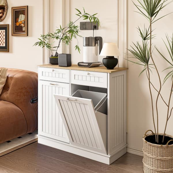 Farmhouse 40 in. W x 14 in. D x 36 in. H Ready to Assemble Cabinets Floor Tilt Out Trash Cabinet in White with Trash Can