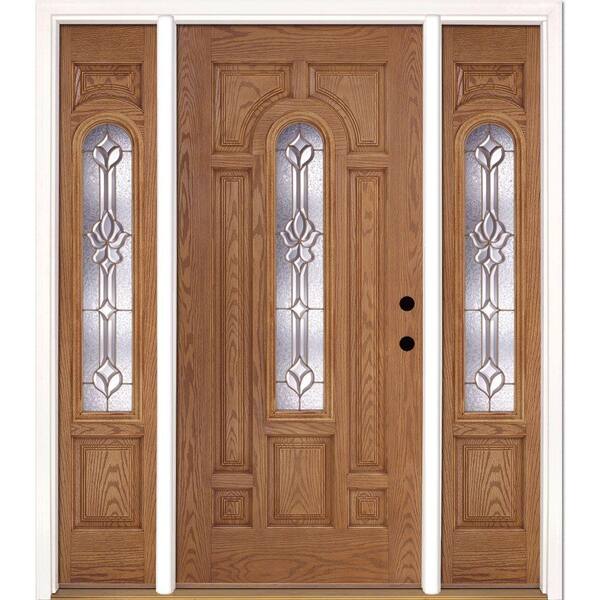 Feather River Doors 63.5 in.x81.625 in. Medina Brass Center Arch Lite Stained Light Oak Left-Hand Fiberglass Prehung Front Door w/Sidelites