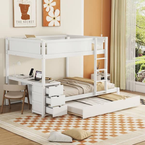 Polibi Full-over-Full Bunk Bed with Twin size Trundle, Storage and Desk, White