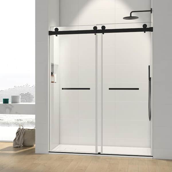 VANITYFUS 60 in. W x 76 in. H Double Sliding Frameless Shower Door in Matte Black with Smooth Sliding and 3/8 in. Clear Glass