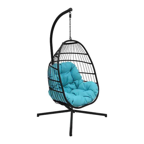 32.5in 1-Person Black Steel Stand and Wicker Hanging Basket Patio Swing Chair with Aqua Cushion