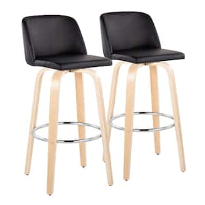 Toriano 29.5 in. Black Faux Leather, Natural Wood and Chrome Metal Fixed-Height Bar Stool (Set of 2)