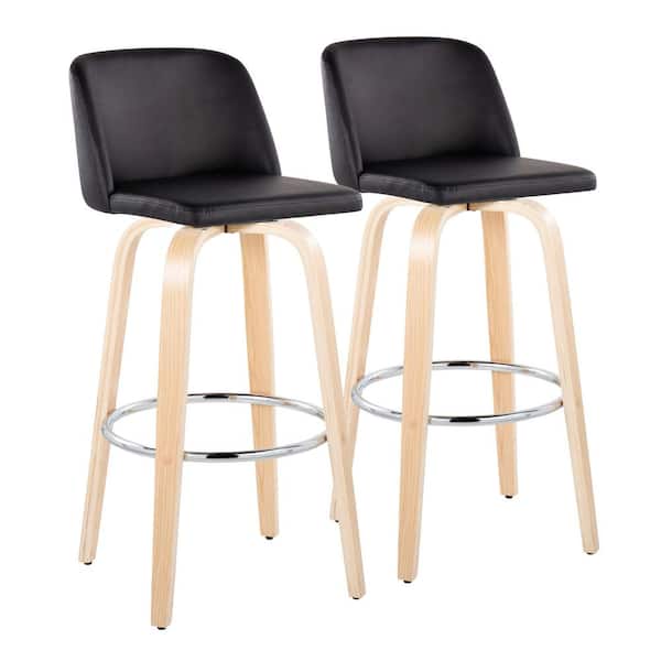Lumisource Toriano 29.5 in. Black Faux Leather, Natural Wood and Chrome Metal Fixed-Height Bar Stool (Set of 2)