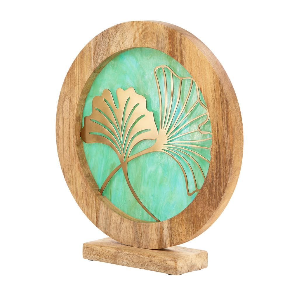 Green and Gold Stained Glass Panel with Mango Wood Stand