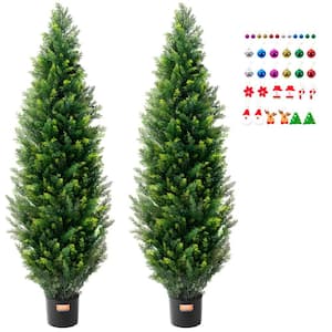 Artificial Cedar Topiary Tree, 60 in. Tall with Pot Faux Evergreen Fake Pine Cypress Trees Plant, UV Rated Greenery Set