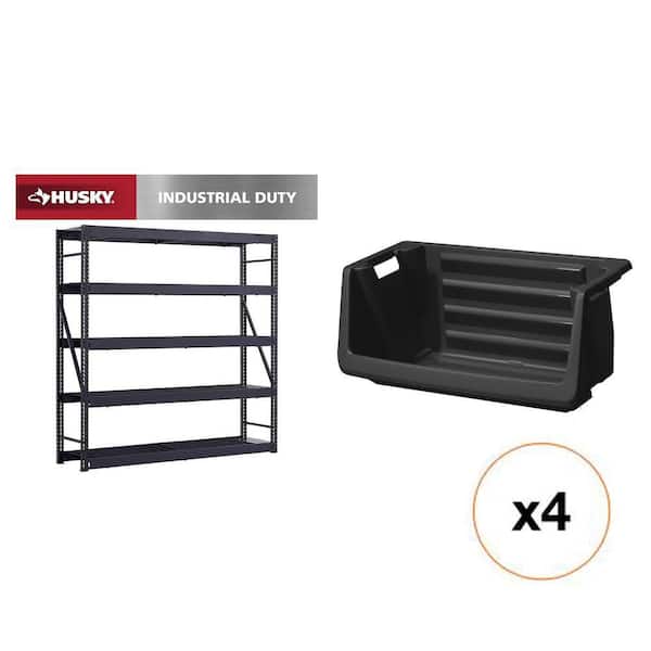 90 in. W 5-Shelf Black Metal Shelving Unit, 55 Gal. Stackable Storage Bin (4-Count) Combo