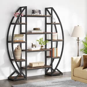 Eulas 69.48 in. Tall Brown Wood Triple Wide 12-Shelf Etagere Bookcase, Industrial Bookshelf with Storage for Living Room