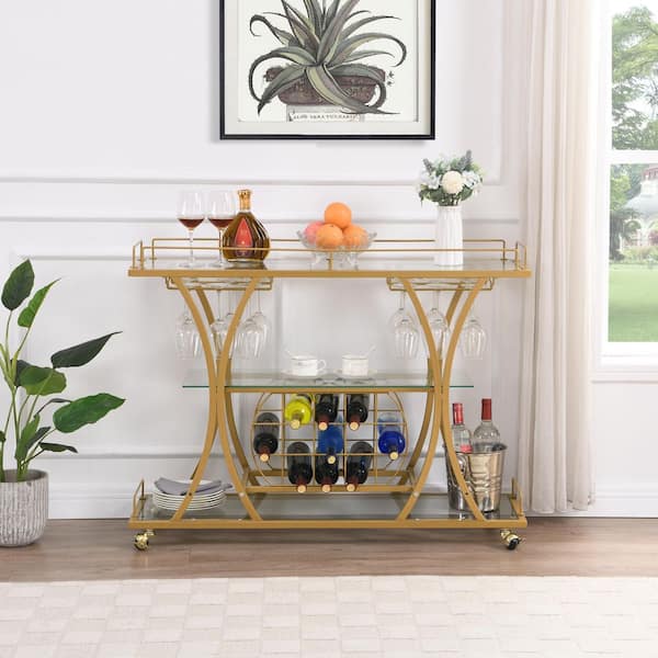 Flynama Gold Metal Kitchen Cart with Glass