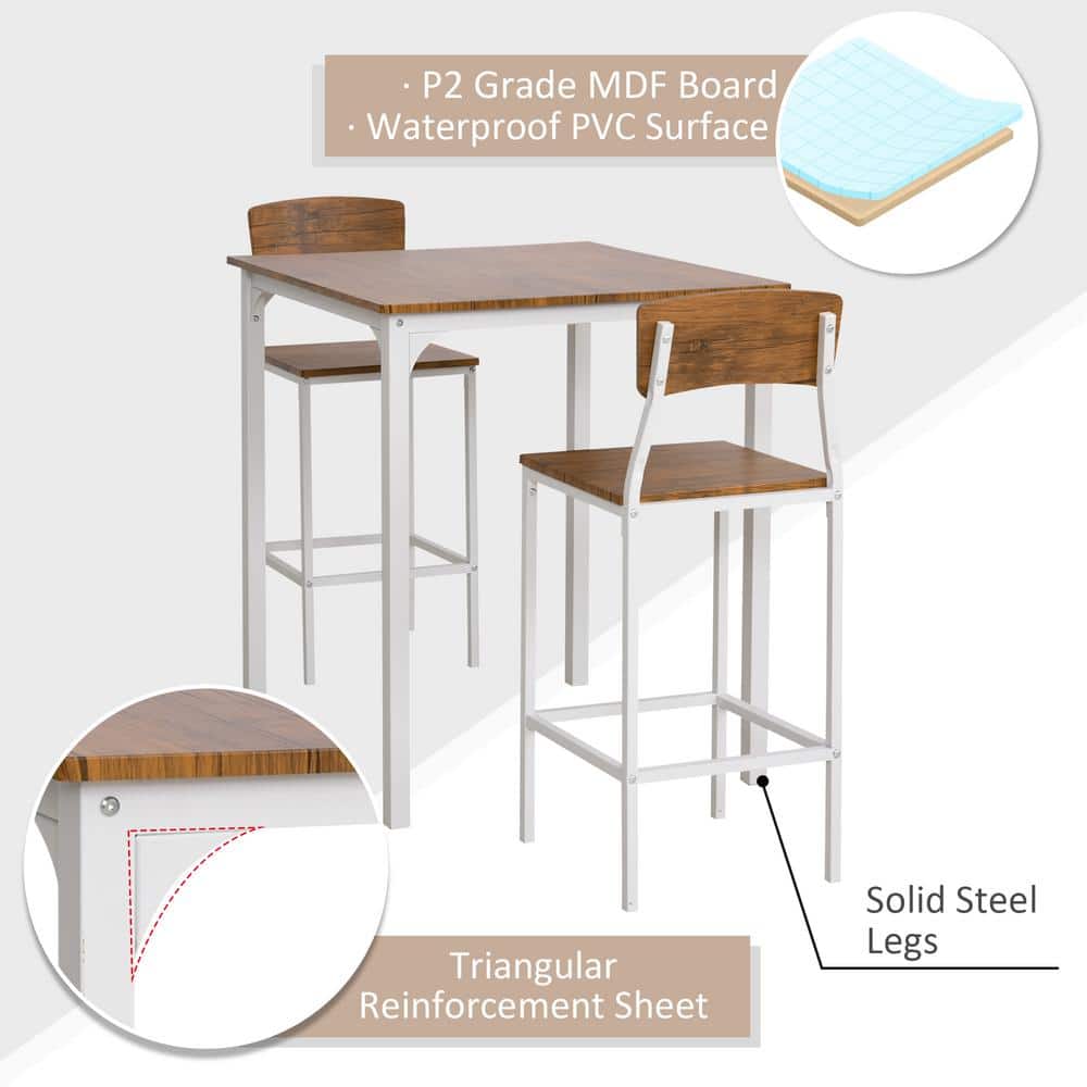 Rustic White and Medium Wood 3-Piece Bar Table Set with Steel Legs