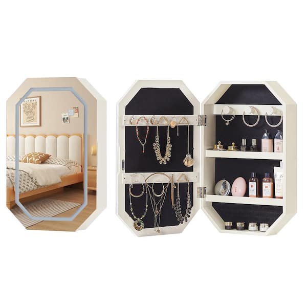VECELO Medicine Cabinet White Particle Board Wall-Mounted 14.6 in. W Jewelry Armoire with Mirror LED Lights, Bathroom Storage