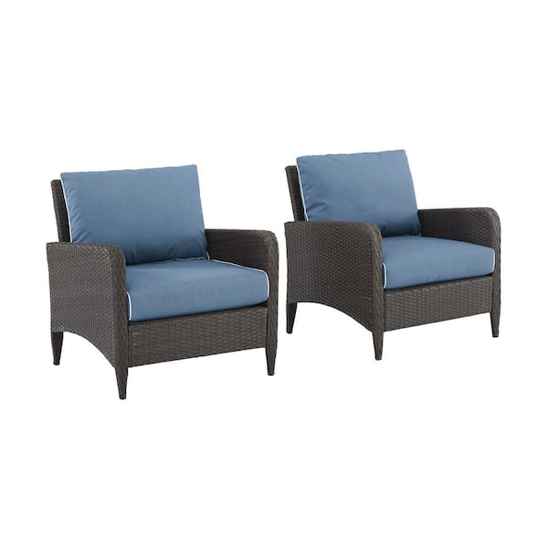 CROSLEY FURNITURE Kiawah Wicker Outdoor Lounge Chair With Blue Cushions (2-Pack)