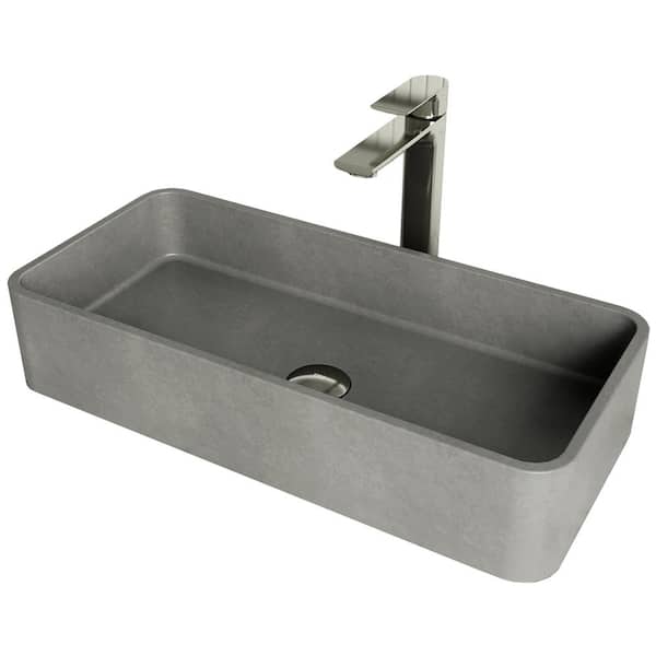 VIGO Concreto Stone 24 in. Rectangular Vessel Bathroom Sink in Gray with Norfolk Faucet and Pop-Up Drain in Brushed Nickel
