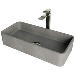 Concreto Stone 24 in. Rectangular Vessel Bathroom Sink in Gray with Norfolk Faucet and Pop-Up Drain in Brushed Nickel