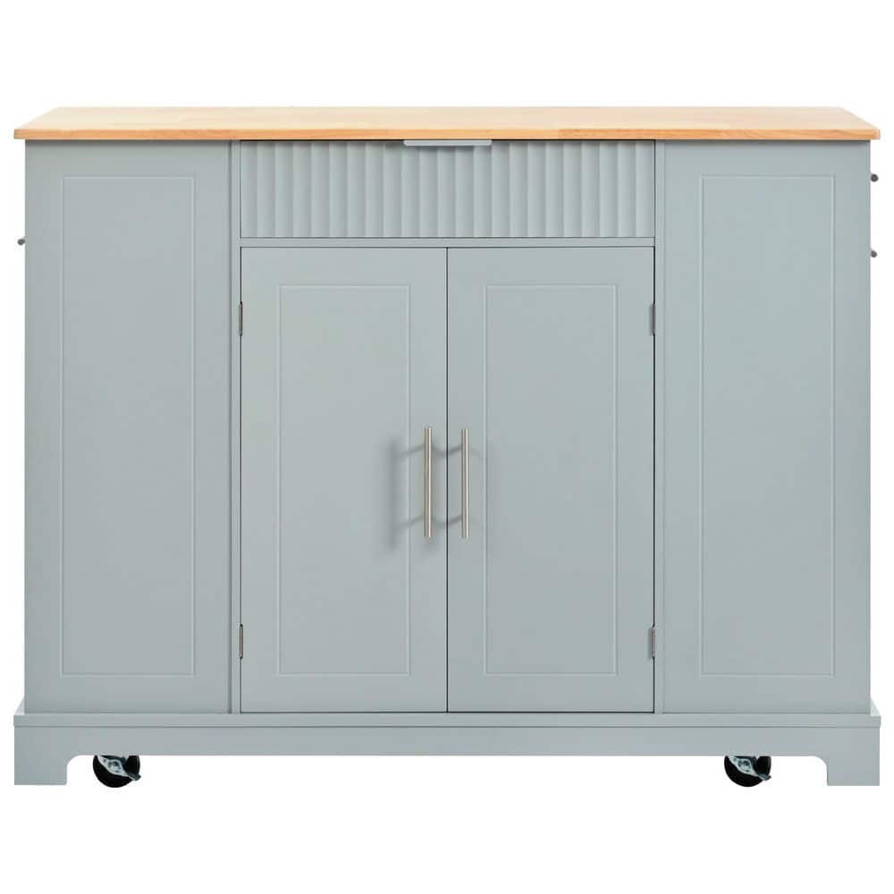 Grey Blue Rubber Wood Kitchen Cart with Power Outlet and Adjustable Shelf