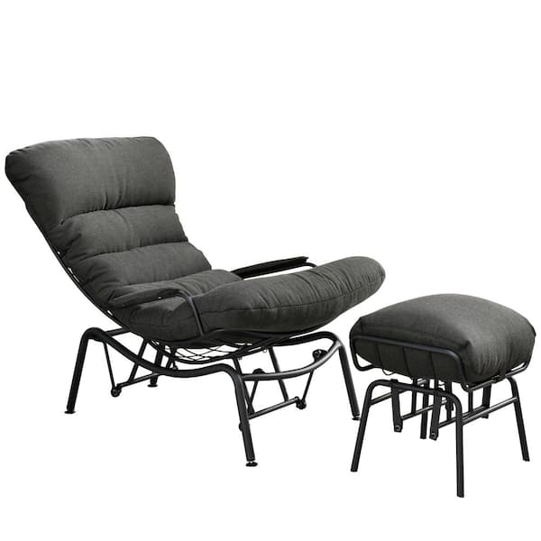 HOOOWOOO Mono Metal Patio Lounge Outdoor Rocking Chair with An Ottoman and Black Cushions