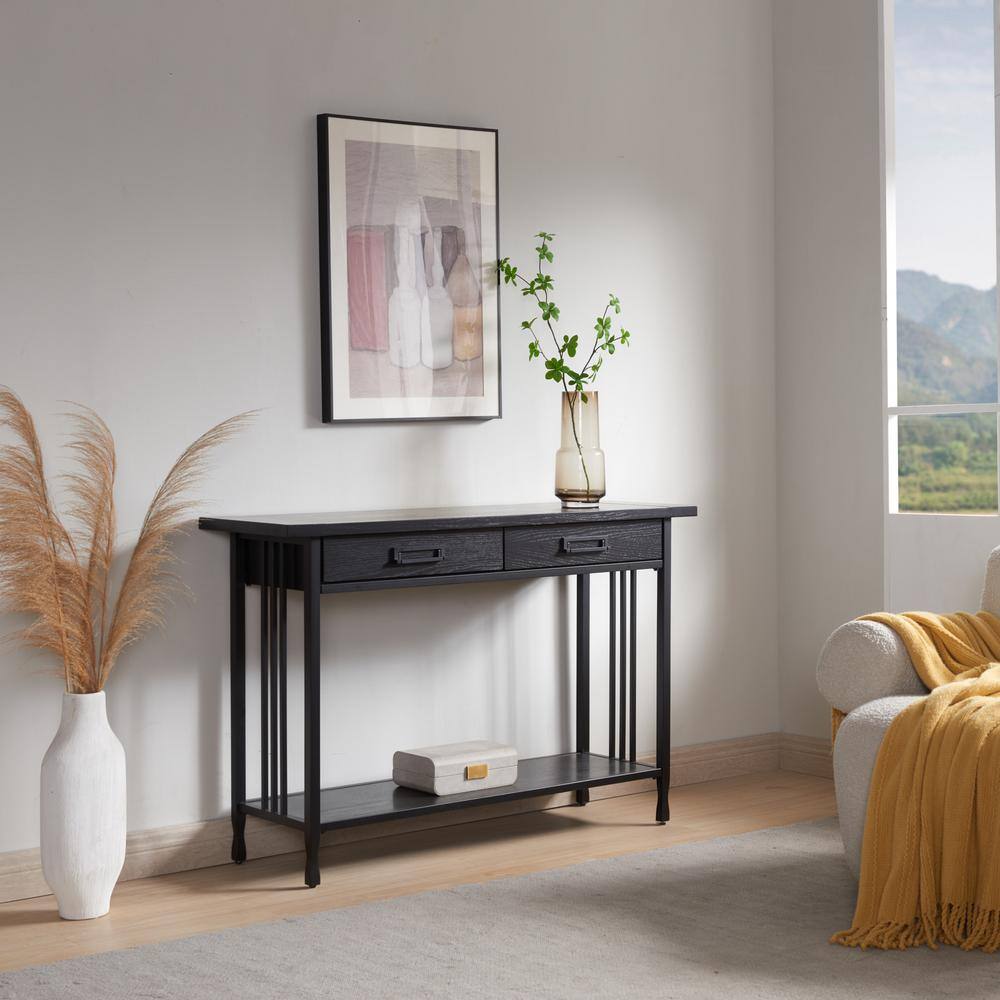 Black Wash Wood and Metal Console Table with Storage