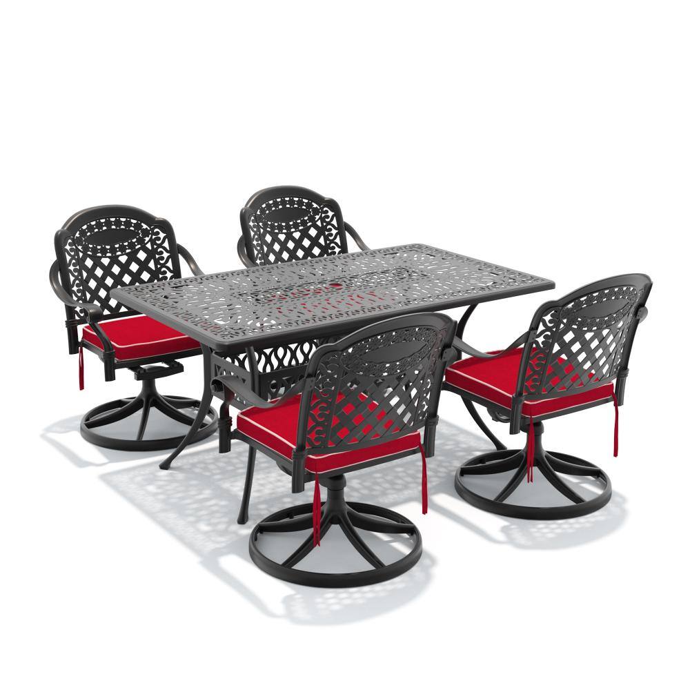 Black 5-Piece Cast aluminum Rectangle Outdoor Dining Set with Red Cushion Patio Furniture Set with Swivel Dining Chair