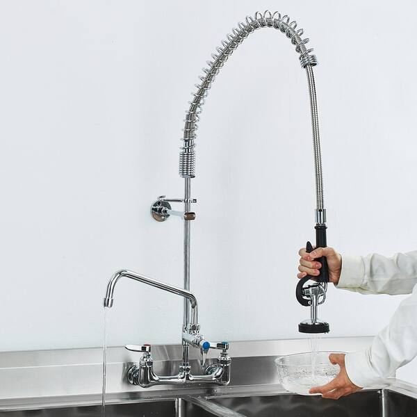 Commercial Faucet 36 in. H 8 in. Center 12 in. Double Handle Pull Down Sprayer Kitchen Faucet in Silver