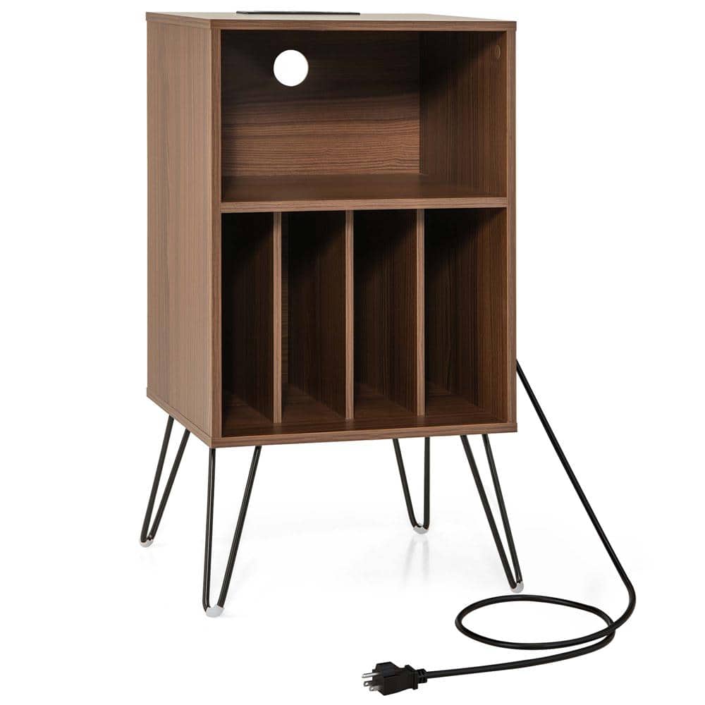Costway Walnut 3-Tier Record Player Stand with Charging