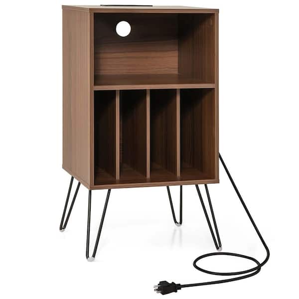 Walnut 3-Tier Record Player Stand with Charging Station Shelf and 4-Dividers for Bedroom