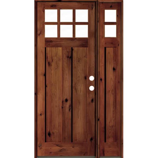 Krosswood Doors 50 in. x 96 in. Craftsman 3-Panel Left Hand 6-Lite Clear Glass Red Chestnut Wood Prehung Front Door Right Sidelite