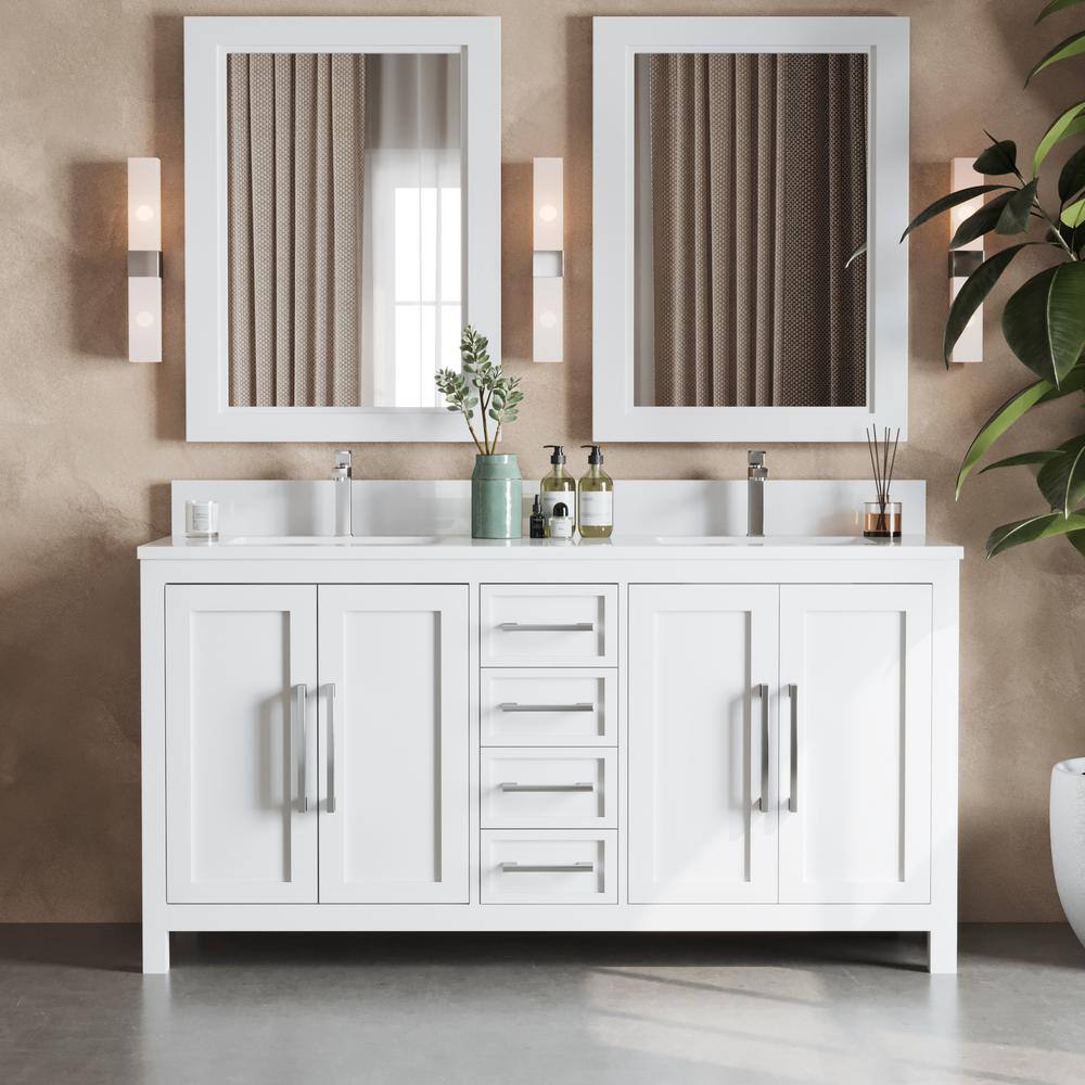 Almeria 63 in. x 22 in. x 36 in. White Wood Double Vanity with White Quartz Counter Top, with White Basins and Mirror price history on PriceWatchPro