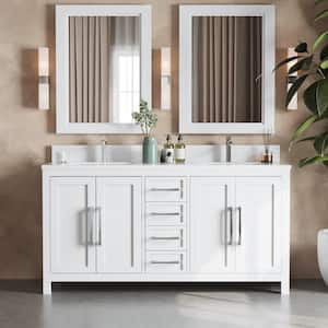 Almeria 63 in. x 22 in. x 36 in. White Wood Double Vanity with White Quartz Counter Top, with White Basins and Mirror