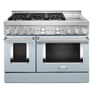 48 in. 6.3 cu. ft. Smart Double Oven Commercial-Style Gas Range with Griddle and True Convection in Misty Blue