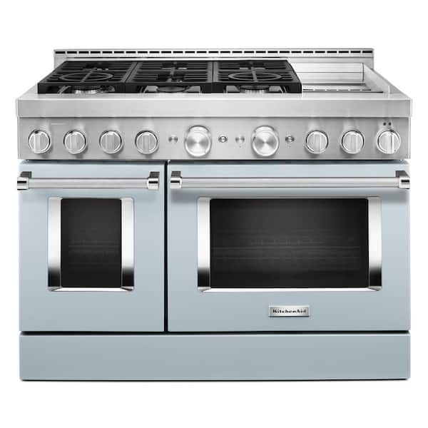 KitchenAid 48 in. 6.3 cu. ft. Smart Double Oven Commercial-Style Gas Range with Griddle and True Convection in Misty Blue