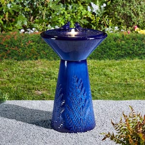27.5 in. H Cobalt Blue 2 Birds Embossed Plant Pattern Pedestal Ceramic Fountain with Pump and LED Light (KD)