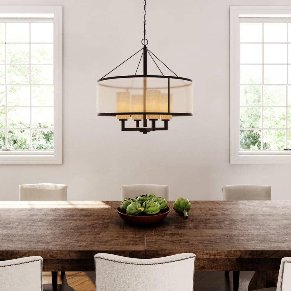 Oil Rubbed Bronze Drum Chandelier with Mercury Glass and Beige Fabric Shade