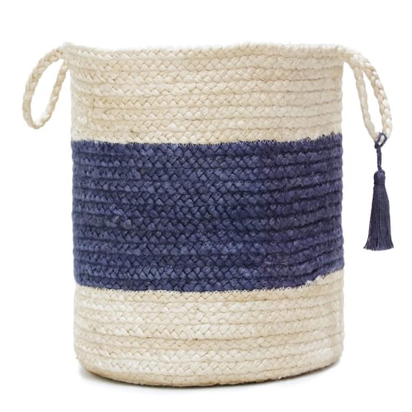 LR Home Amara Bold Striped Off-White / Blue 19 in. Jute Decorative Storage Basket with Handles