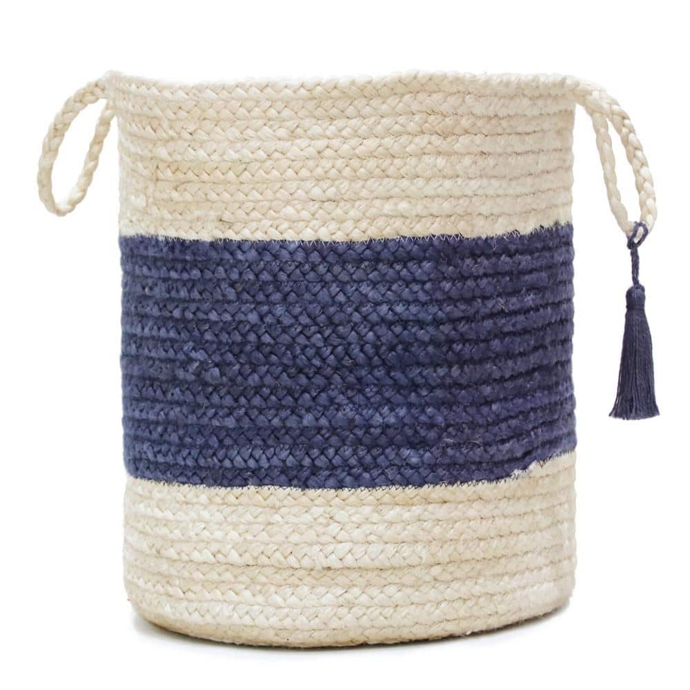 Amara Bold Striped Off-White / Blue 17 in. Jute Decorative Storage Basket w