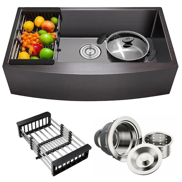 Matte Black Finished Stainless Steel 33 in. x 20 in. Single Bowl Farmhouse Apron Mount Kitchen Sink with Accessories