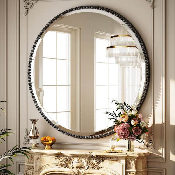 Antique Black 36 in. W x 36 in. H Round With Decoration Vanity Wall Mirror Polyurethane Framed Mirror