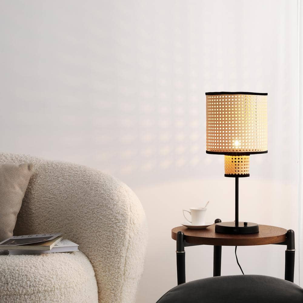 Nakuv 22'' Black Metal Table Lamp with Rattan Shade and USB Port