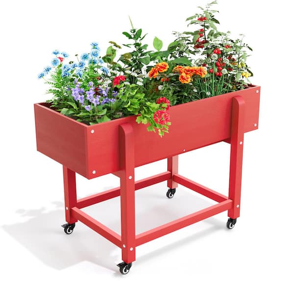 LUE BONA 39 in. x 16.7 in. x 28 in. Bright Red Plastic Mobile Elevated Garden Beds with Lockable Wheels, Liner
