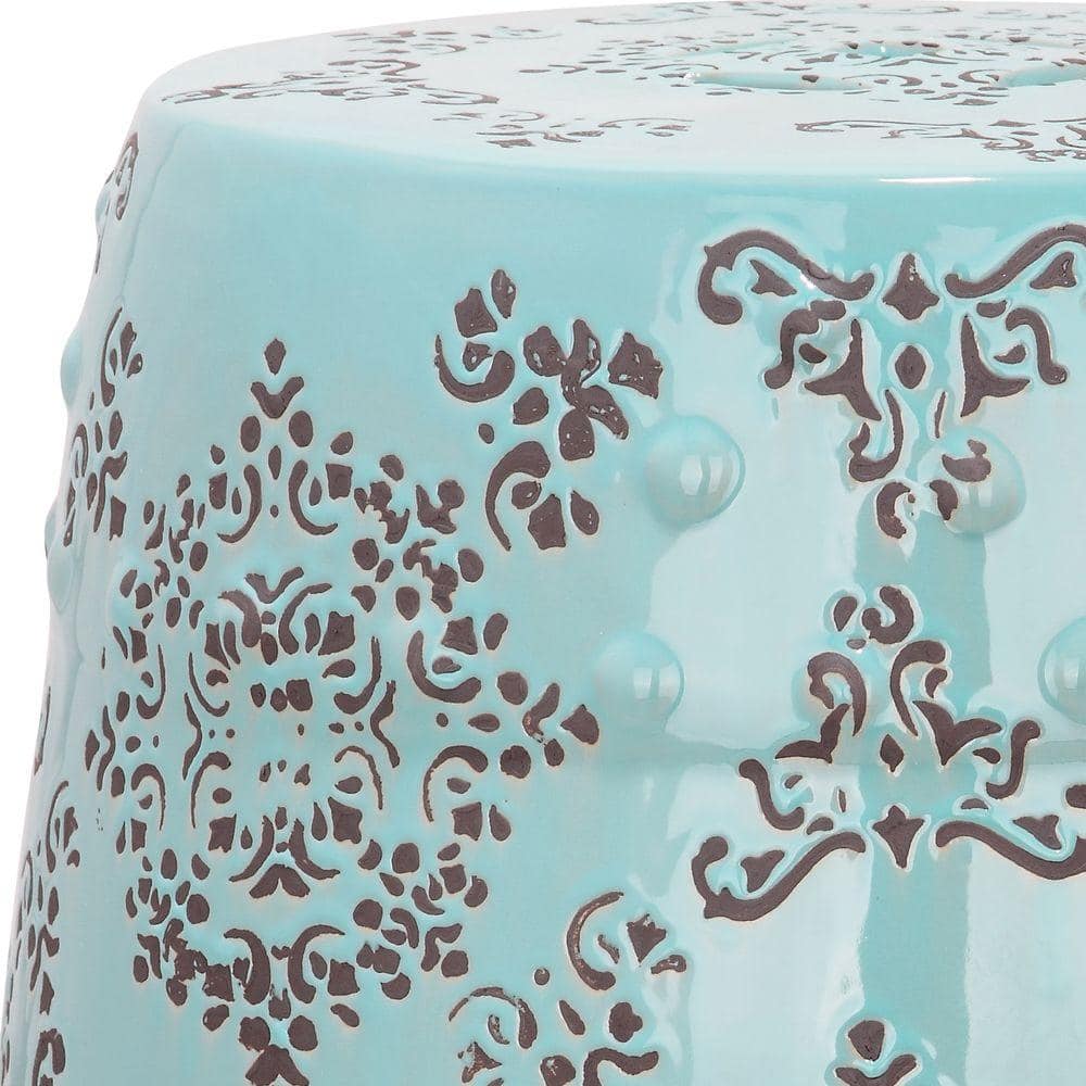 Robin's Egg Blue Ceramic Garden Stool with Intricate Pattern