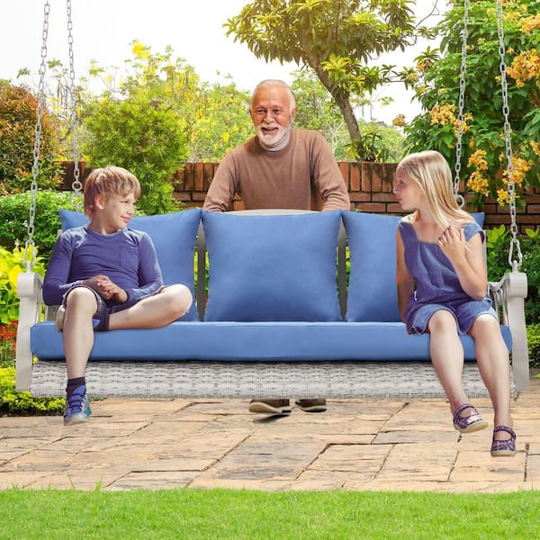 3-Person Light Gray Wicker Porch Swing Chair with Light Blue Cushions & Cup-Holder & Steel Chains for Backyard, Garden