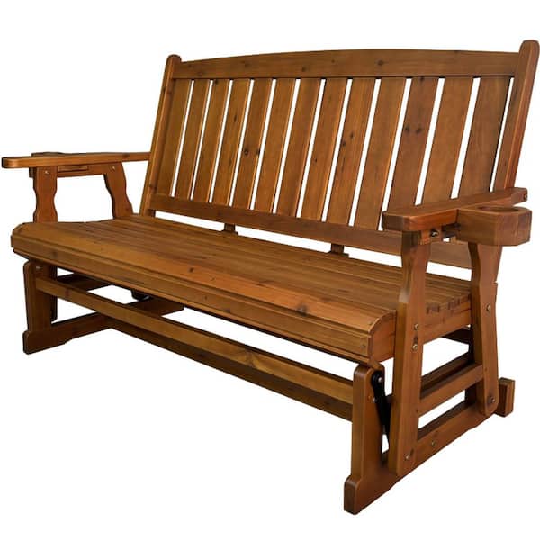 70.7 in. 3-Person Teak Tone Wood Outdoor Glider with Cup Holders, Heavy Duty 800 lbs.