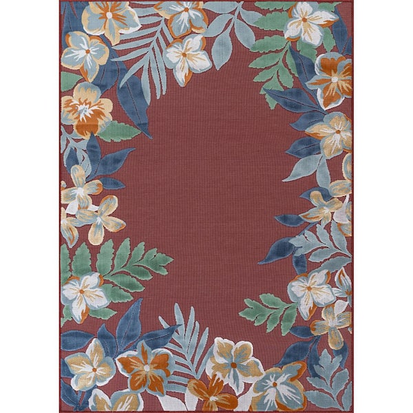 Eden  5 ft. x 7 ft. Red Washable Border Floral Indoor Outdoor Area Rug