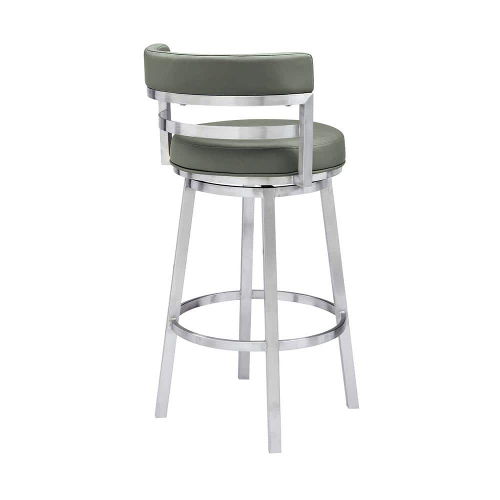 Sleek Swivel 30" Bar Height Grey Faux Leather & Brushed Stainless Steel Stool