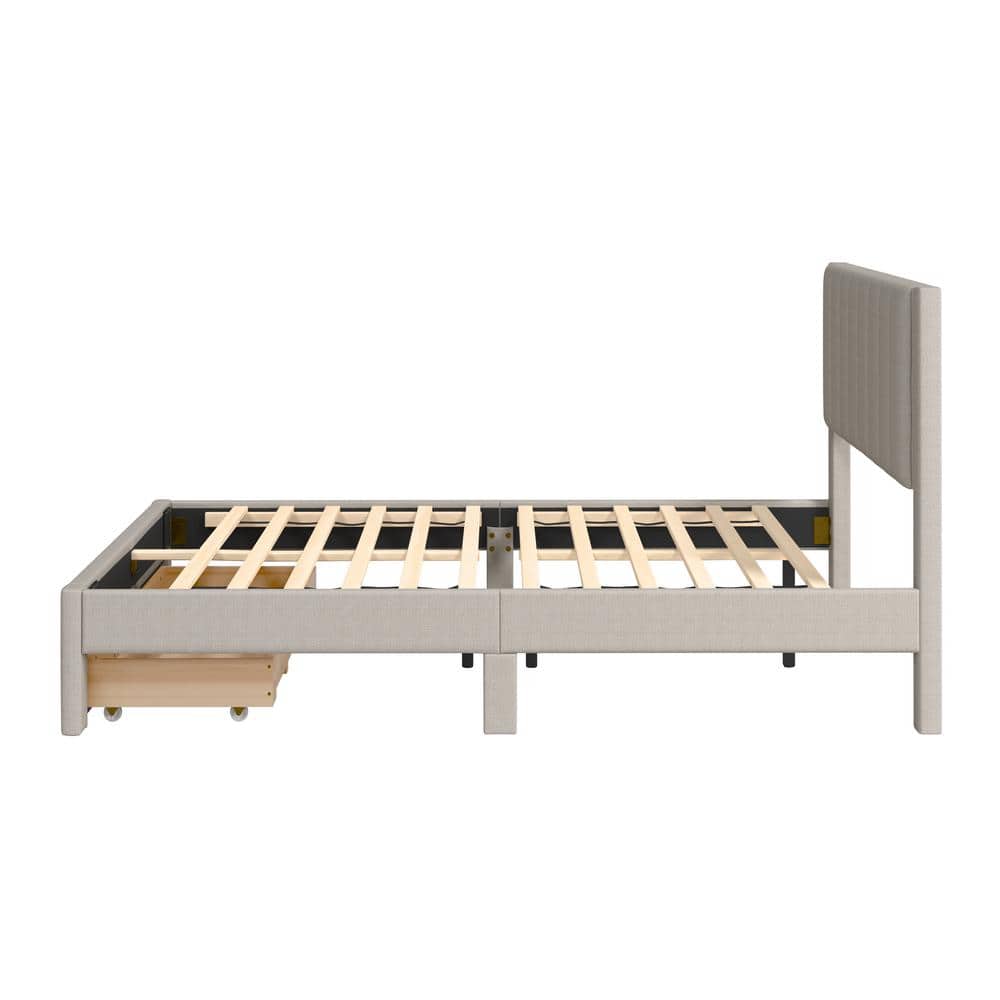 Beige Upholstered King Bed with Channel Tufted Headboard and Storage