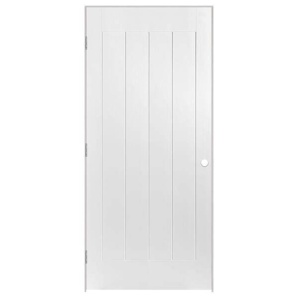Masonite 36 in. x 80 in. Saddlebrook 1-Panel Plank Left-Handed Hollow-Core Smooth Primed Composite Single Prehung Interior Door