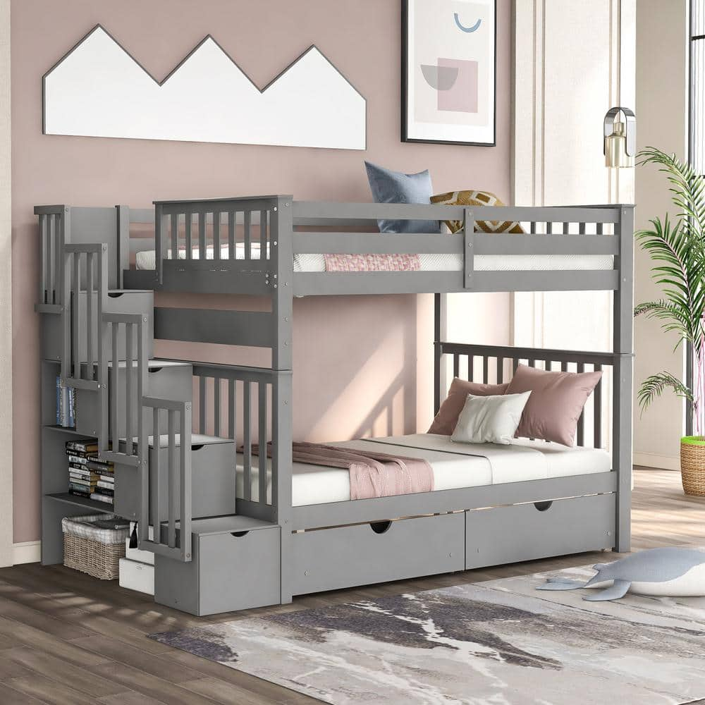 Qualler Hazzard Gray Full Over Full Bunk Bed With Shelves And 6 Storage 