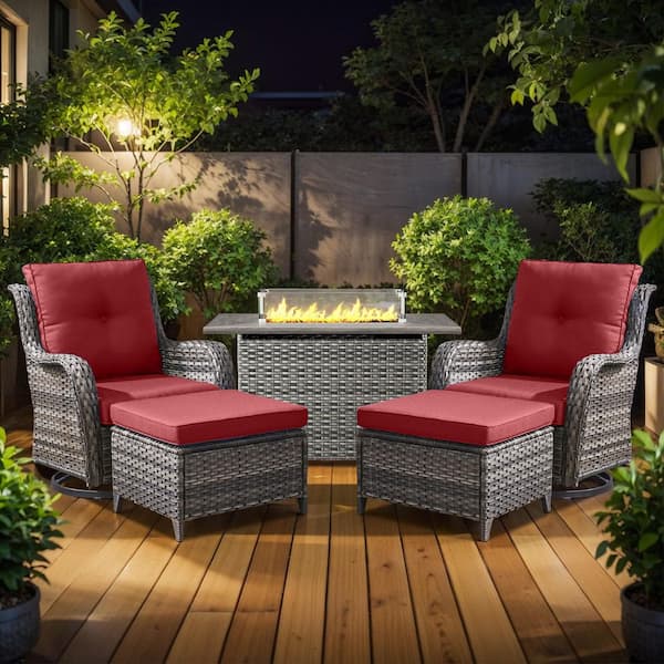 5-Piece Gray Wicker Fire Pit Conversation Set with Olefin Red Cushions and Curved Arm Swivel Gliders and Ottoman