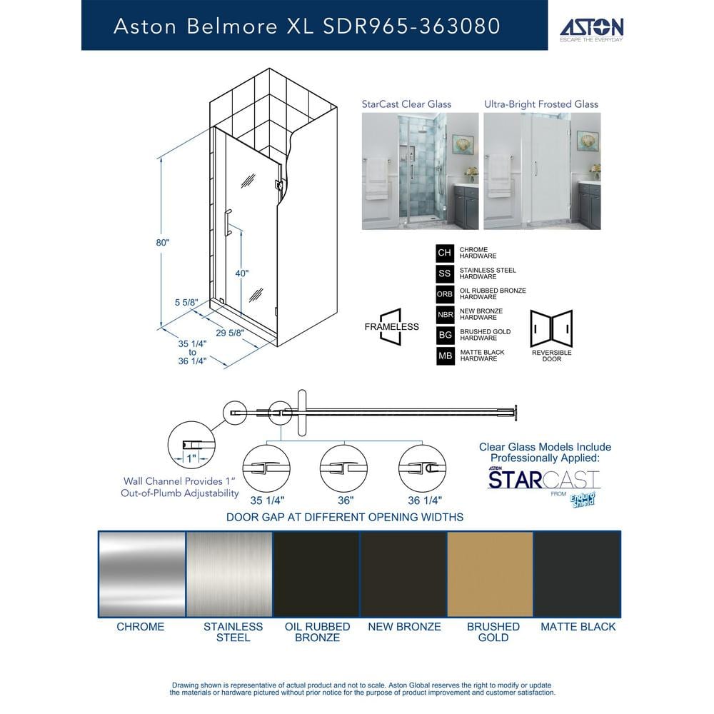 Belmore XL 80" High x 36" Wide Frameless Frosted Glass Shower Door in Brushed Gold