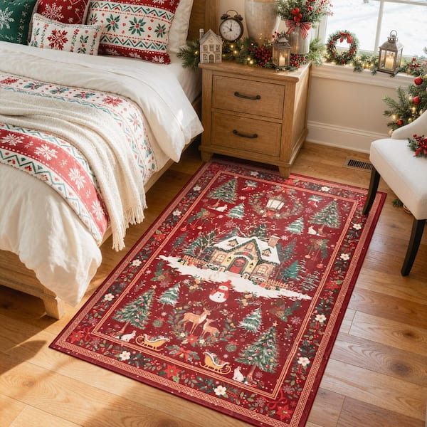 Christmas Village 5 ft. X 7 ft. Red Multicolor Traditional Washable Area Rug