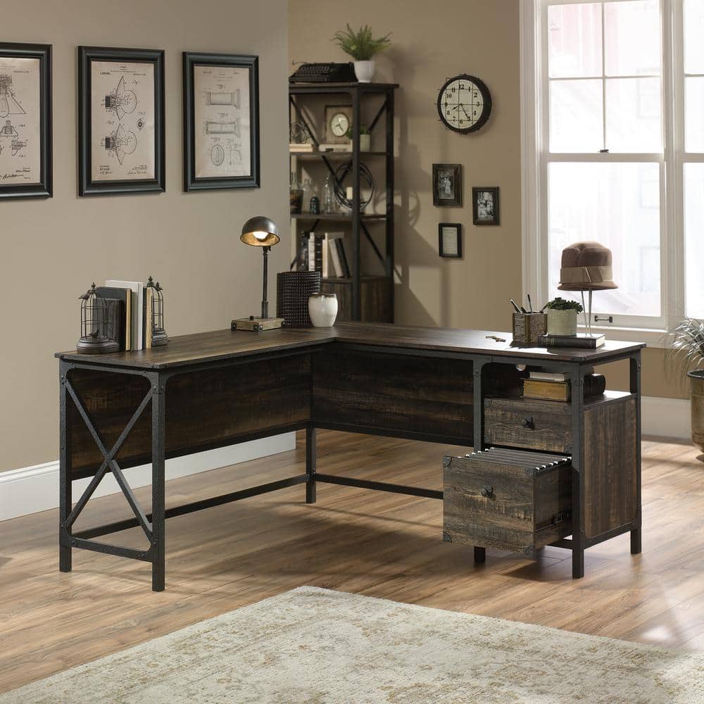 Carbon Oak and Black Industrial L-Shaped Desk with File Storage