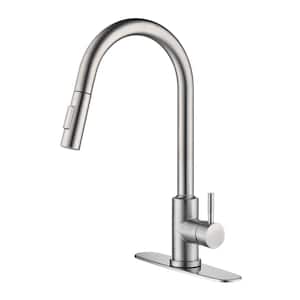 Single Handle Wall Mount Gooseneck Pull Down Sprayer Kitchen Faucet with Deckplate Included and Handle in Brushed Nickel